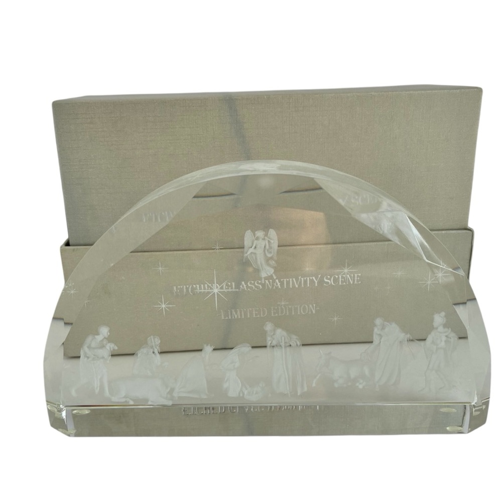 Hand Crafted Jeweled Cross Glass Nativity With Original Box